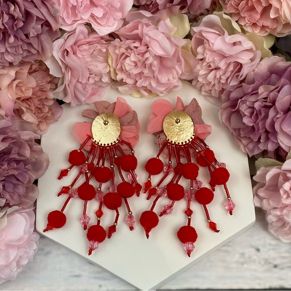 Boho Pink Rose Long Dangling Pom Pom Tassel Earrings - Picture 11 of 16